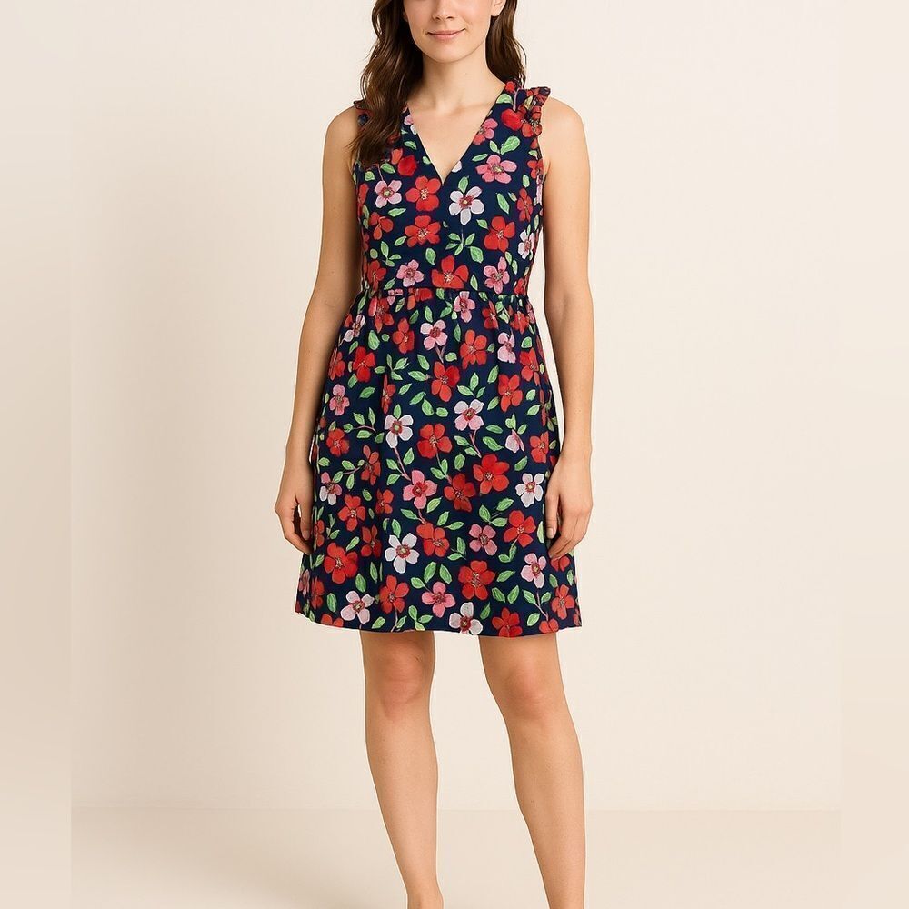 Maggy London Floral Sleeveless Ruffle Dress Size 8 Fit & Flare Cotton Blend